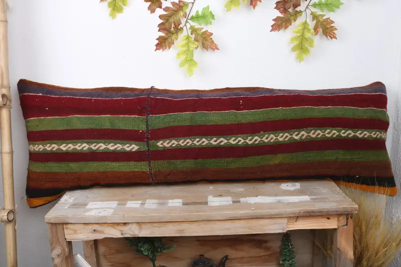 Kilim Cushion Sham, Seat Pillow Case, 16x48 Green Cushion Case, Cushion, Turkish Pillow, Cozy Throw Pillow, Throw Kilim Pillow, Ottoman Cushion Case - 2