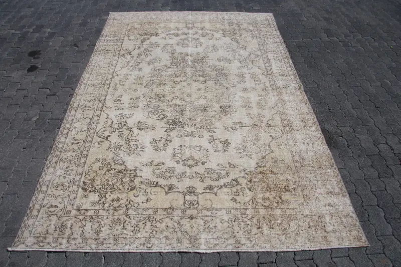 Vintage Rug, Oversize 7x10.2 ft Turkish Rug, Brown Striped Wool Rug - 1