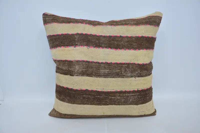 Beige & braun gestreiftes Hanfkissen, Vintage besticktes Kissen