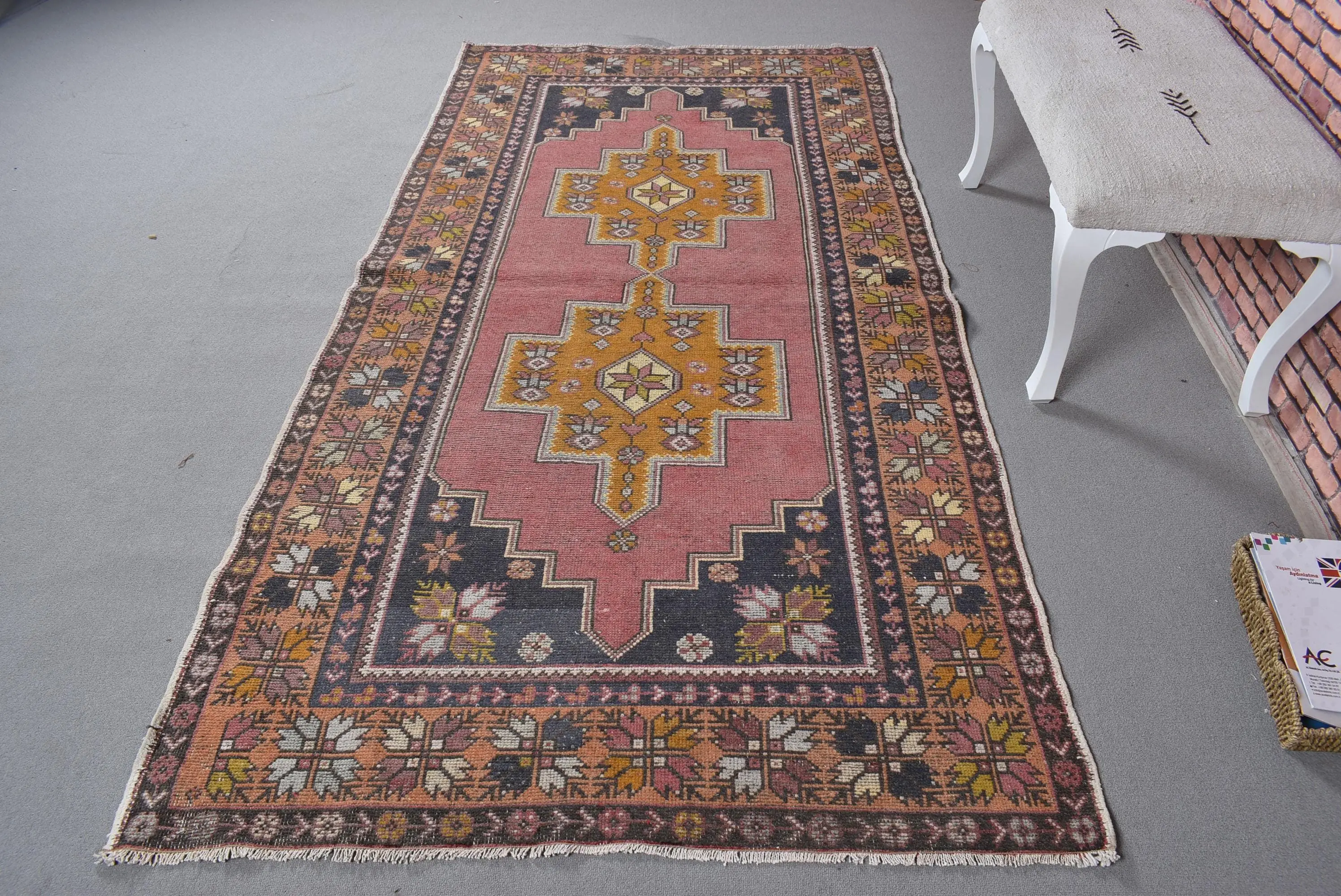 Turkish Vintage Rug 4.3x8.3 ft, Red Area Check Wool Rug - 1