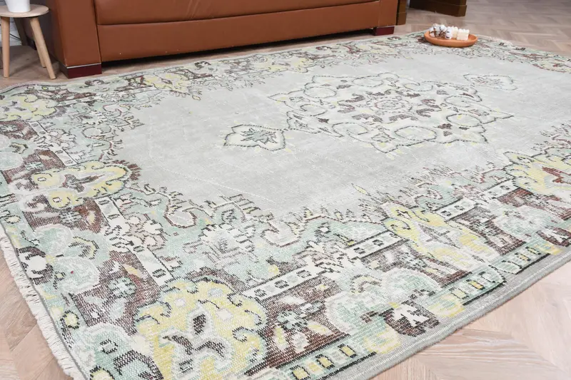 Türk Vintage Oushak Halı 6.2x9.2 ft, Gri Büyük Hayvan Baskı Yün Halı - 1