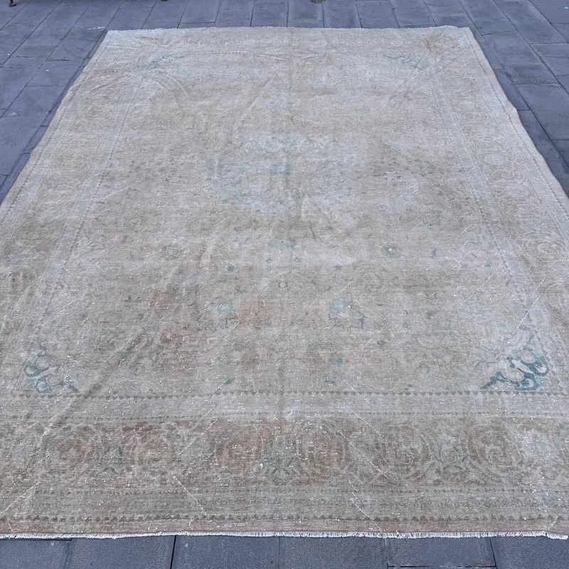 Turkish Vintage Oushak Oversize Rug 9.6x13.2 ft, Gray Floral Rug Wool - 1