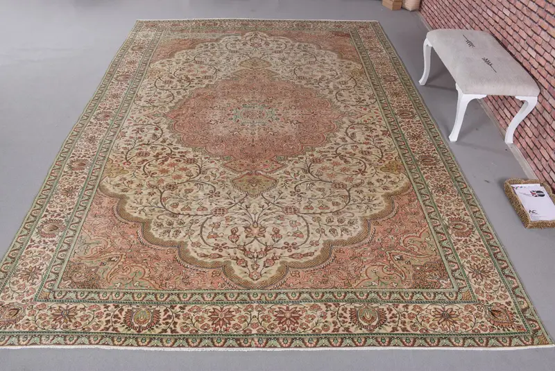 Alfombra de 8,7x12,3 ft, estampado persa en naranja y verde vibrante