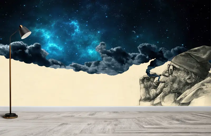 Çağdaş Baskılı Duvar Kağıdı: Yıldızlı Gökyüzünde Sigara İçen Yaşlı Adam