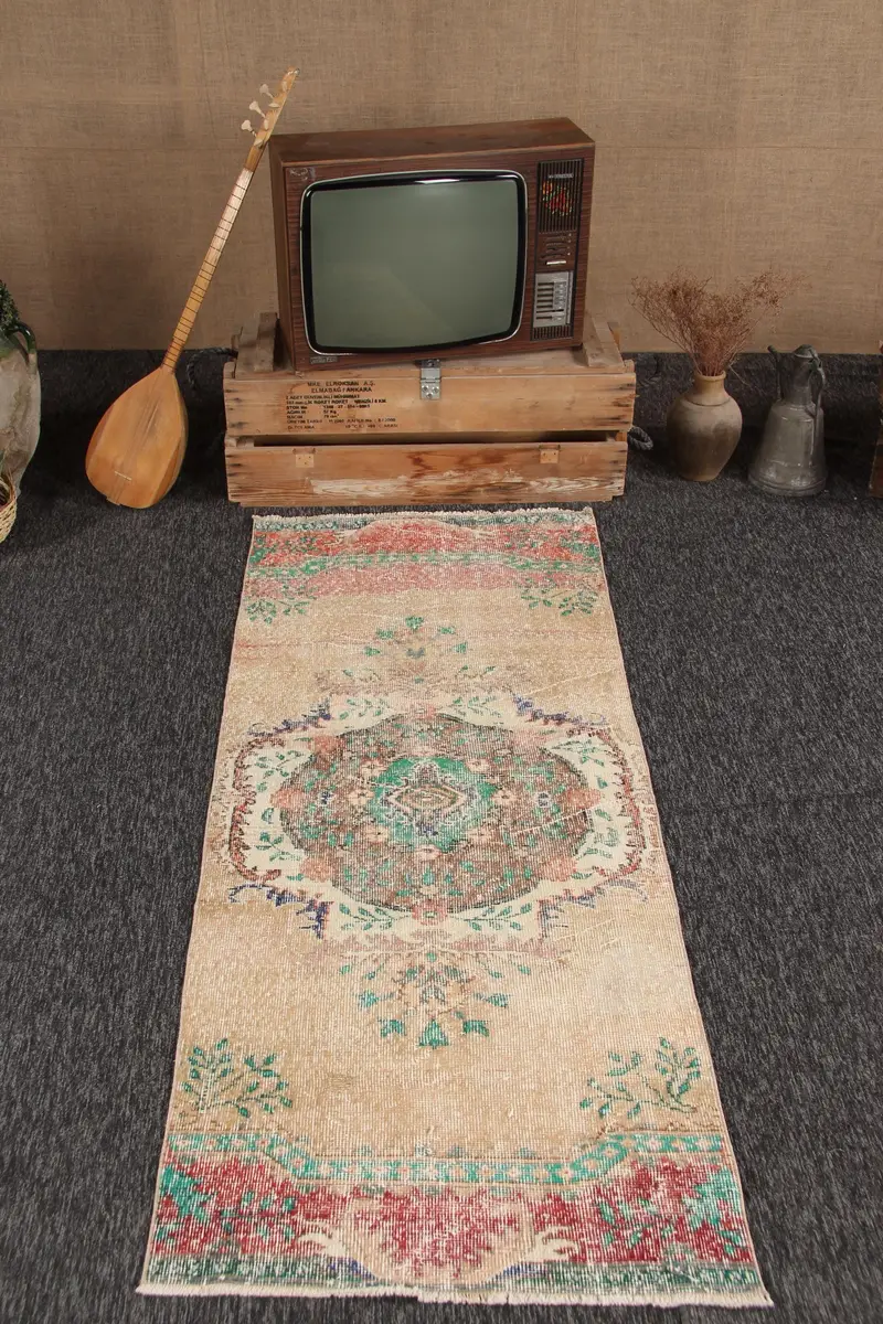 2.6x6.8 ft Vintage Türk Halısı, Yolluk Halısı, Kırmızı Yeşil Geometrik Yün Halı - 1