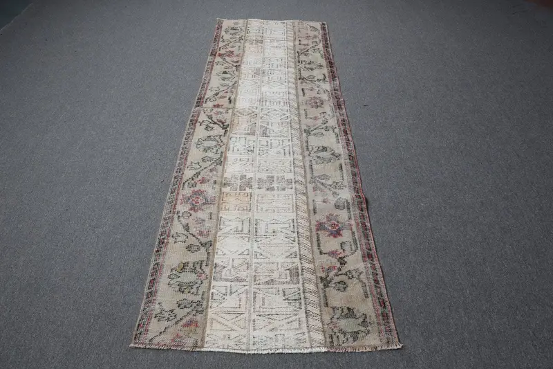 Vintage Rug, Runner 2.7x8.2 ft Rug, Oushak White Abstract Rug - 1