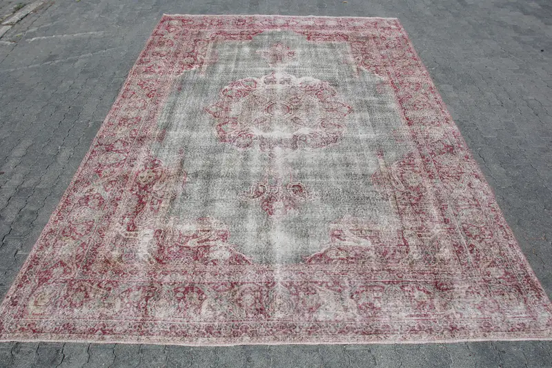 8.5x12.3 ft Vintage Rug, Turkish Oversize Rug, Red Gray Patchwork Wool Rug - 1