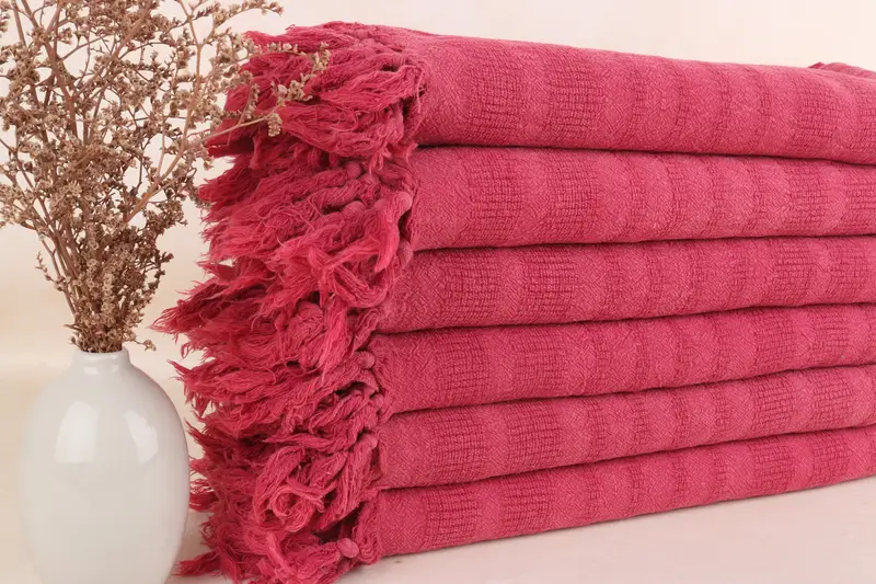 刺繍ビーチタオル トルコ綿 レッド、ベージュストライプ、36x67インチ