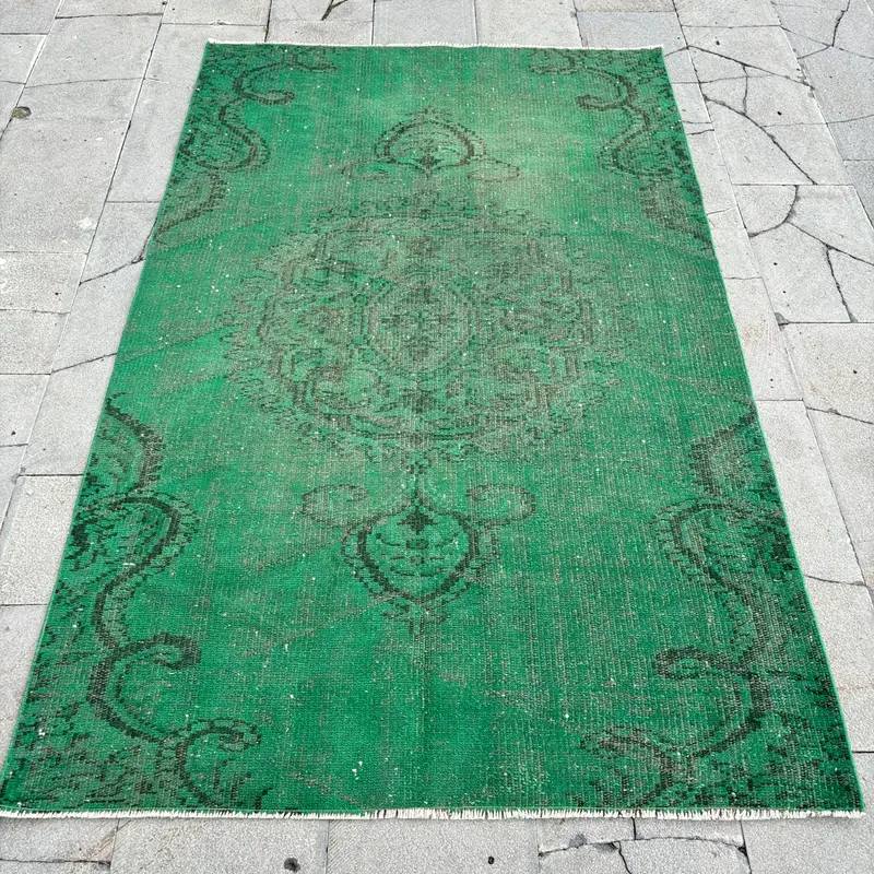 グリーンパッチワークラグ、4.2x6.8フィートのエレガントな室内装飾