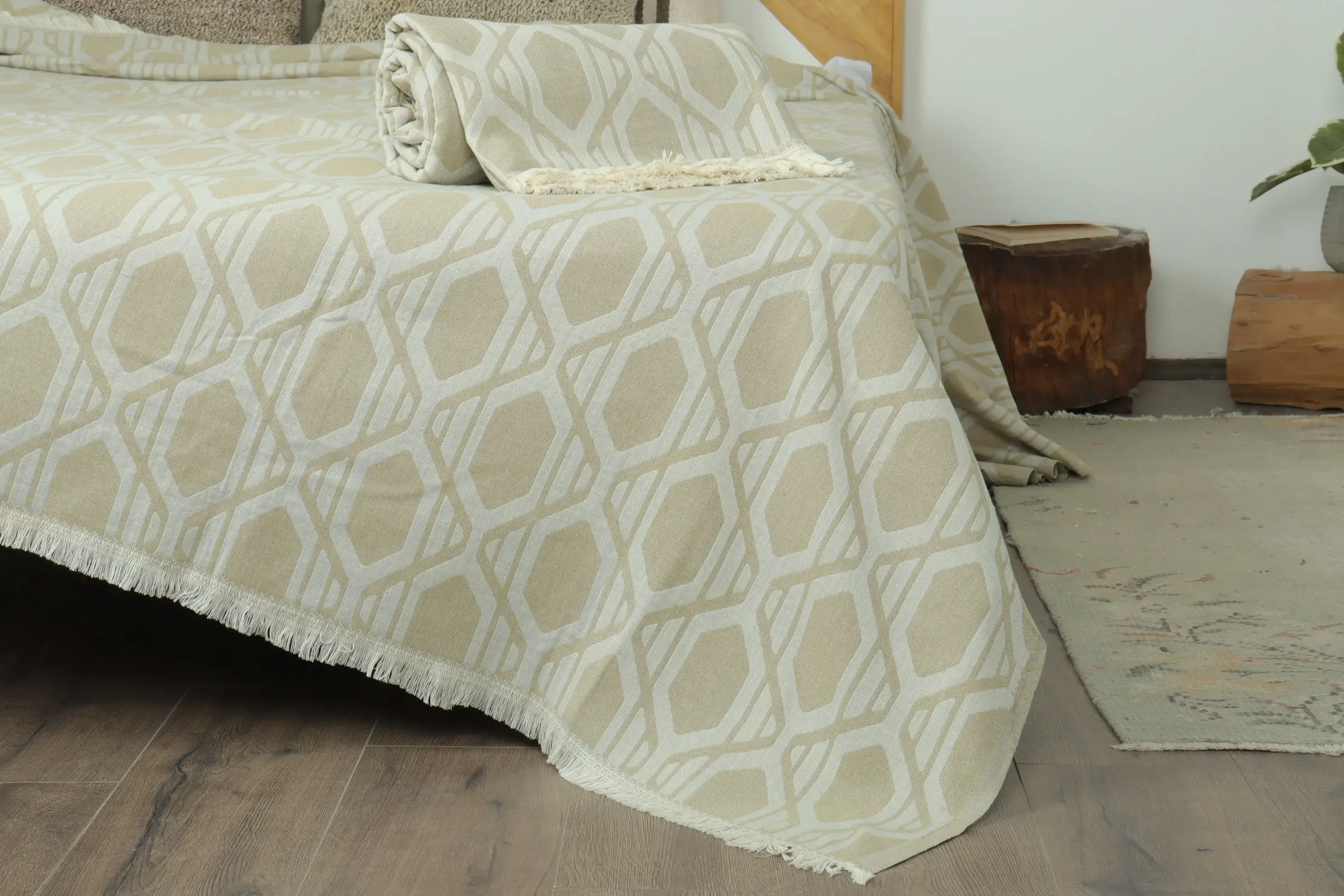 Patterned Turkish Throw Khaki Green with Beige, 75x91 Inches