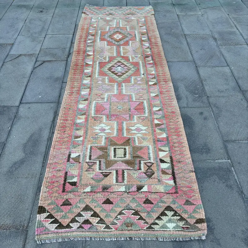 Vibrant Orange Rug, 2,9x9,4 ft Green Plant Pattern