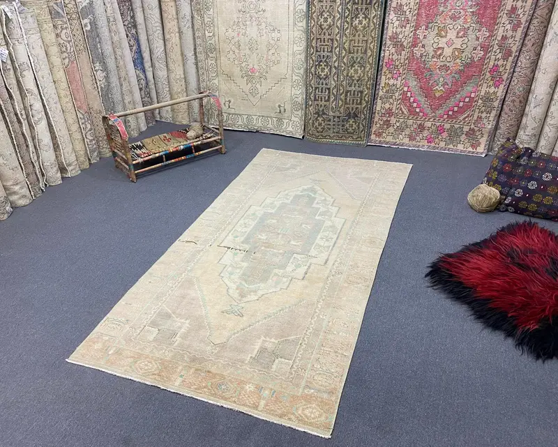 Vintage Area Rug 3.8x7.9 ft (116x240 cm), Oushak Brown Plants & trees Turkish Rug - 1