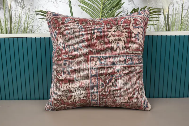 Türkischer quadratischer Kissenbezug, 20x20 Zoll gewebter beige antiker Wollkissenbezug - 1