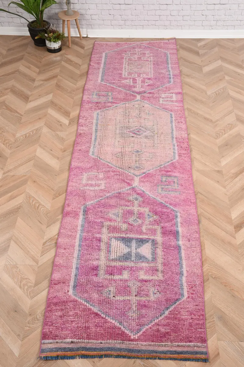 Turkish Vintage Rug, Runner 2.7x10.5 ft (81x320 cm) Rug, Pink Oriental Wool Rug - 1