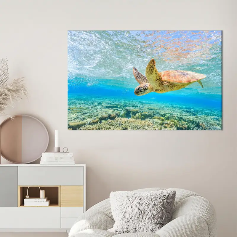 Oceanic Turtle Swim: Printed Canvas Art in Ocean Blue