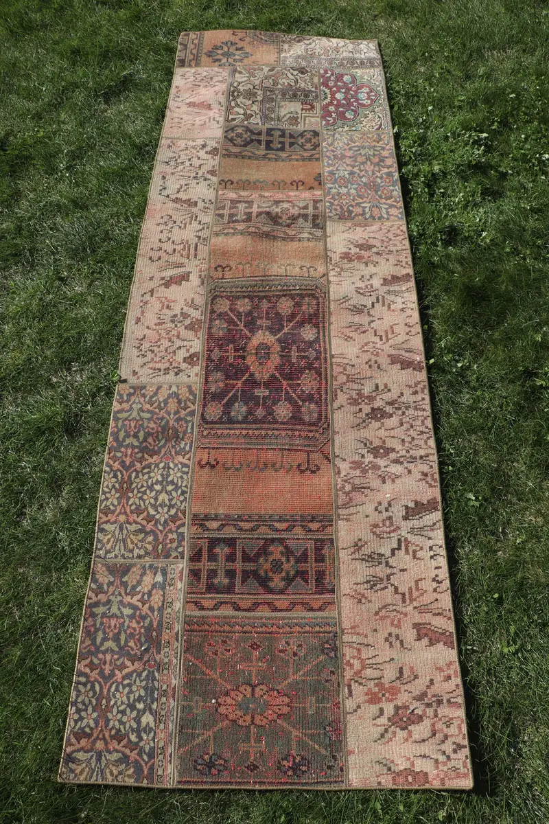 オレンジ&パープルラグ、2.5x8.3フィート花柄&幾何学模様