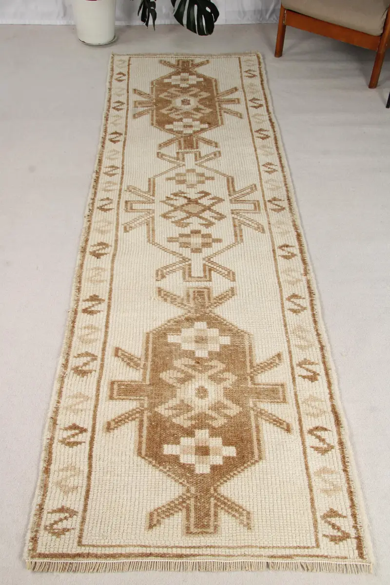 Türk Vintage Halısı 3.1x10.1 ft, Kahverengi Herki İkat Halı - 1
