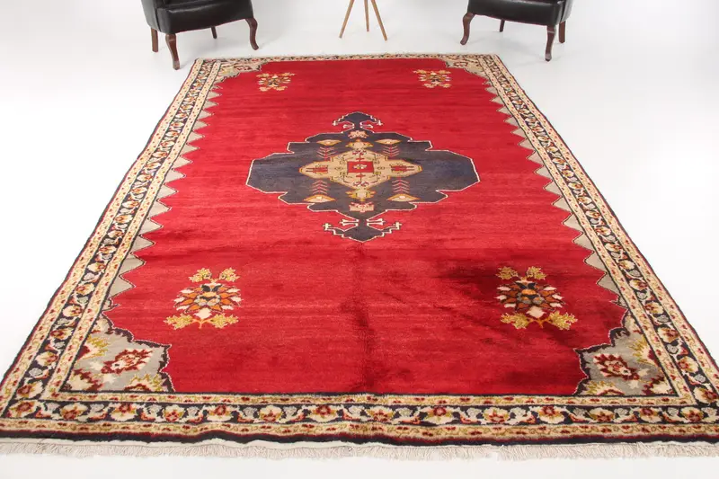 Türk Halısı, 7.3x11.1 ft Büyük Boy Vintage Halı, Oushak Kırmızı Mavi Hayvan Baskı Halı - 1
