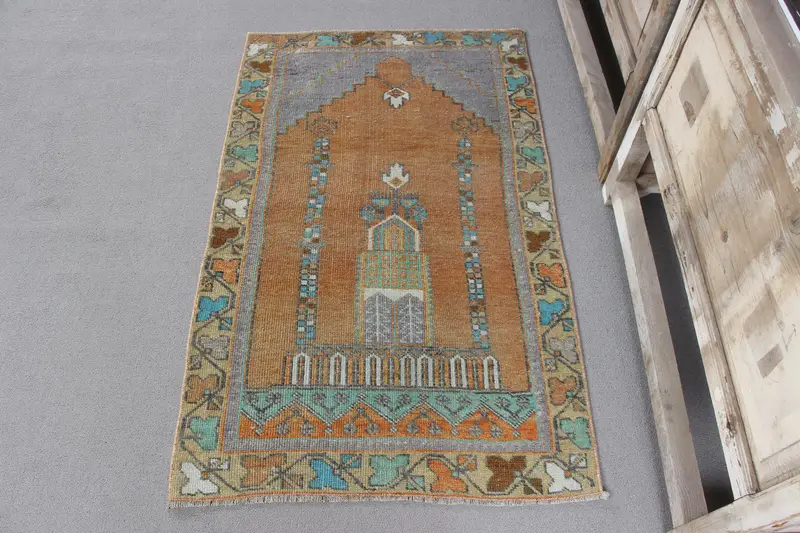 Handmade Orange Rug, 0.2x0.3 ft Geometric Floral Motifs