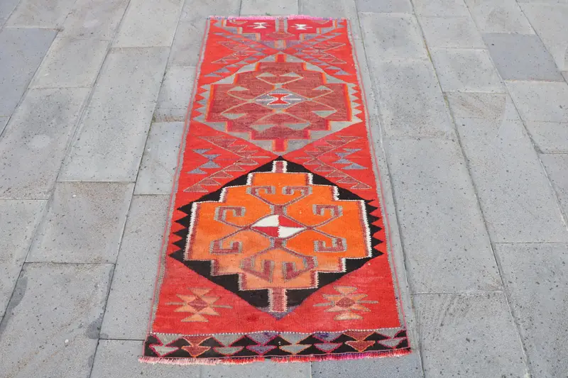 Vibrant Red & Orange Rug, 2.4x5.5 ft Polka Dot Design