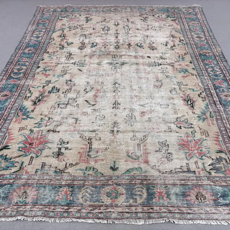 ベージュ & ブルー パッチワーク ラグ、0.7x10.6 フィート シックな装飾