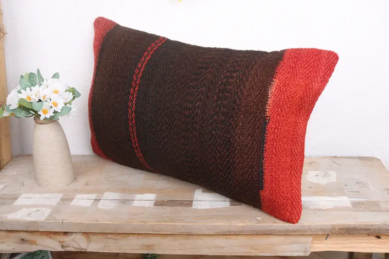 Turkish Pillow, Comfy Throw Cushion, Knitted Pillow, Vintage Kilim Throw Pillow, 12x20 Brown Cushion Cover, Pillow Sham, Handmade Kilim Cushion - 4