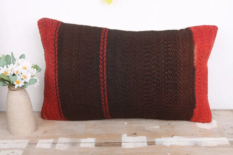 Turkish Pillow, Comfy Throw Cushion, Knitted Pillow, Vintage Kilim Throw Pillow, 12x20 Brown Cushion Cover, Pillow Sham, Handmade Kilim Cushion - 2