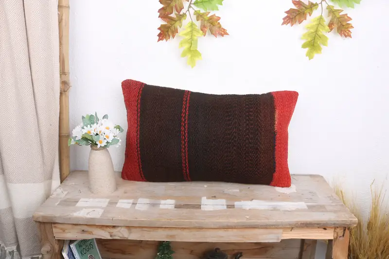 Turkish Pillow, Comfy Throw Cushion, Knitted Pillow, Vintage Kilim Throw Pillow, 12x20 Brown Cushion Cover, Pillow Sham, Handmade Kilim Cushion - 1