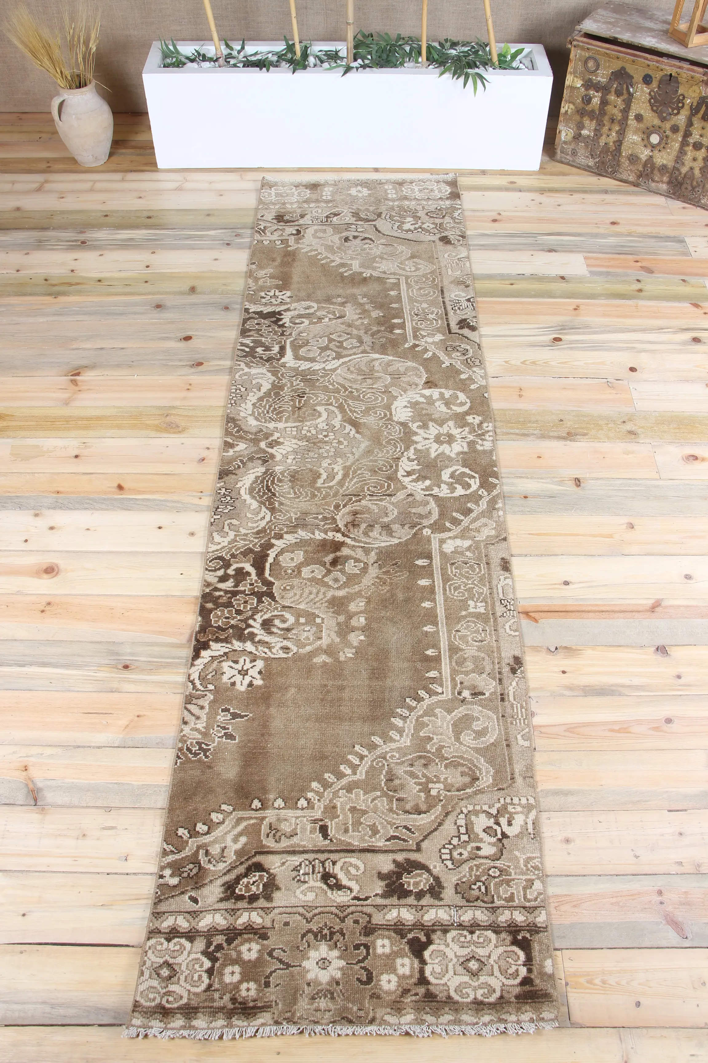 Vintage Rug, Runner 2.6x10 ft Rug, Oushak Brown Floral Rug - 1
