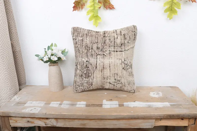 Beige & Braun besticktes Southwestern Kissen, Vintage Wurfkissen