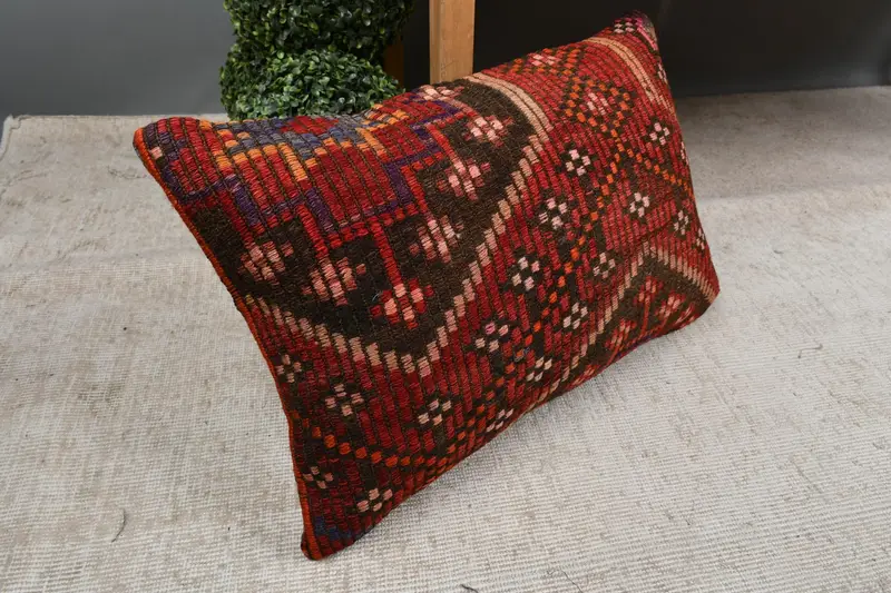 Antique Pillows, Cushion Case, Handmade Cushion, Armchair Pillow Sham, Handmade Kilim Cushion, Pillow for Sofa, 16x24 Red Pillow Cover - 7