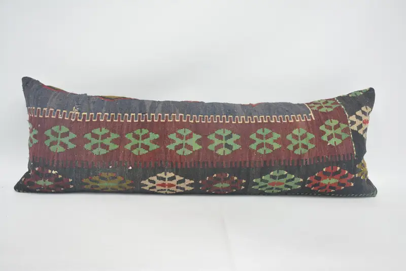 Kırmızı Kenevir Geometrik Desenli Kırlent, 16x48 Vintage Kırlent