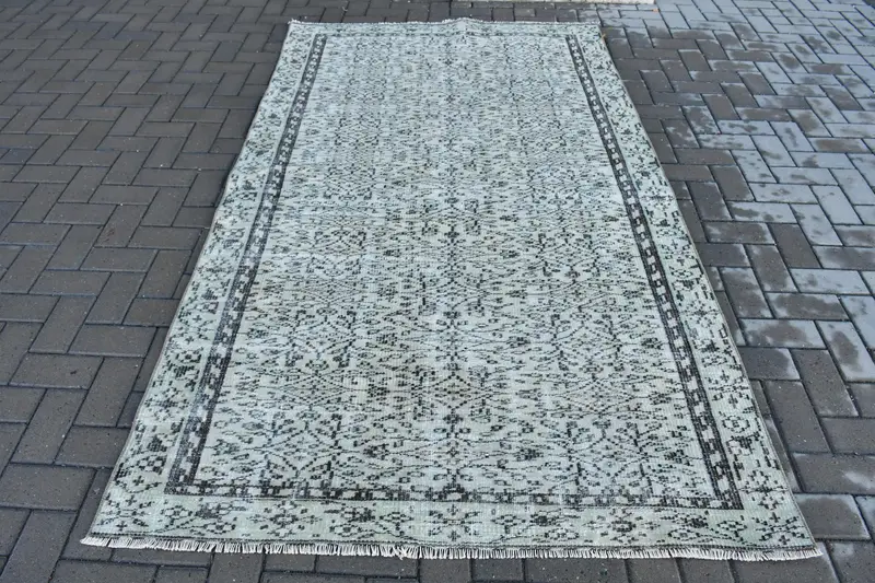 Alfombra vintage de 4,8x8,2 pies, alfombra turca de lana a rayas grises Oushak - 1