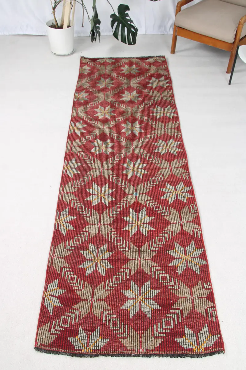 2.8x9.5 ft Vintage Halı, Kilim Halı, Kırmızı Kamuflaj Halı Yün - 1