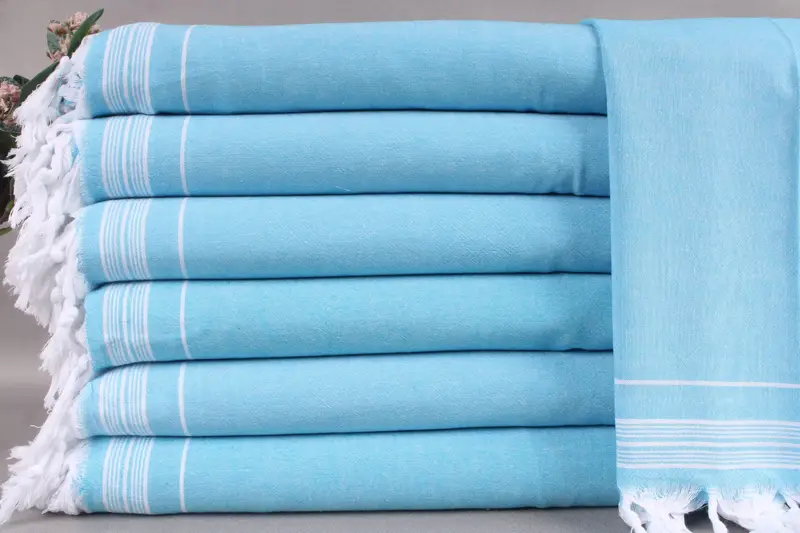 Beach Blanket Organic Turkish Cotton Turquoise Striped, 56x91 Inches