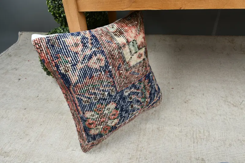 Handmade Kilim Cushion, Gift Pillow, Meditation Pillow Case, 14x14 Blue Cushion Case, Turkish Bench Pillow Sham, Turkish Pillow, Cushion Cover - 7