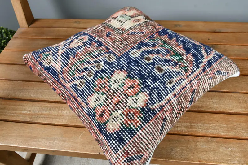 Handmade Kilim Cushion, Gift Pillow, Meditation Pillow Case, 14x14 Blue Cushion Case, Turkish Bench Pillow Sham, Turkish Pillow, Cushion Cover - 2