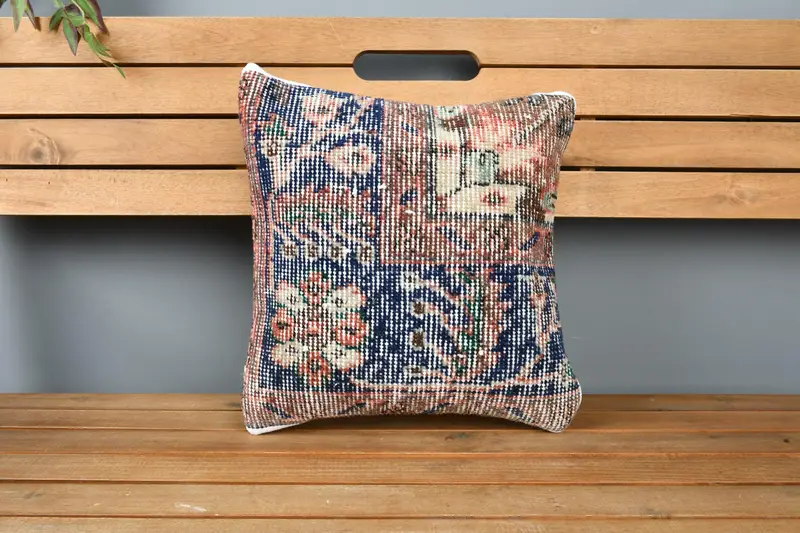 Handmade Kilim Cushion, Gift Pillow, Meditation Pillow Case, 14x14 Blue Cushion Case, Turkish Bench Pillow Sham, Turkish Pillow, Cushion Cover - 6