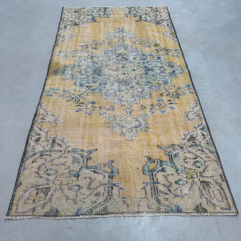 イエロー & ブルー チェック ラグ、4.1x7.8 フィート シックな装飾