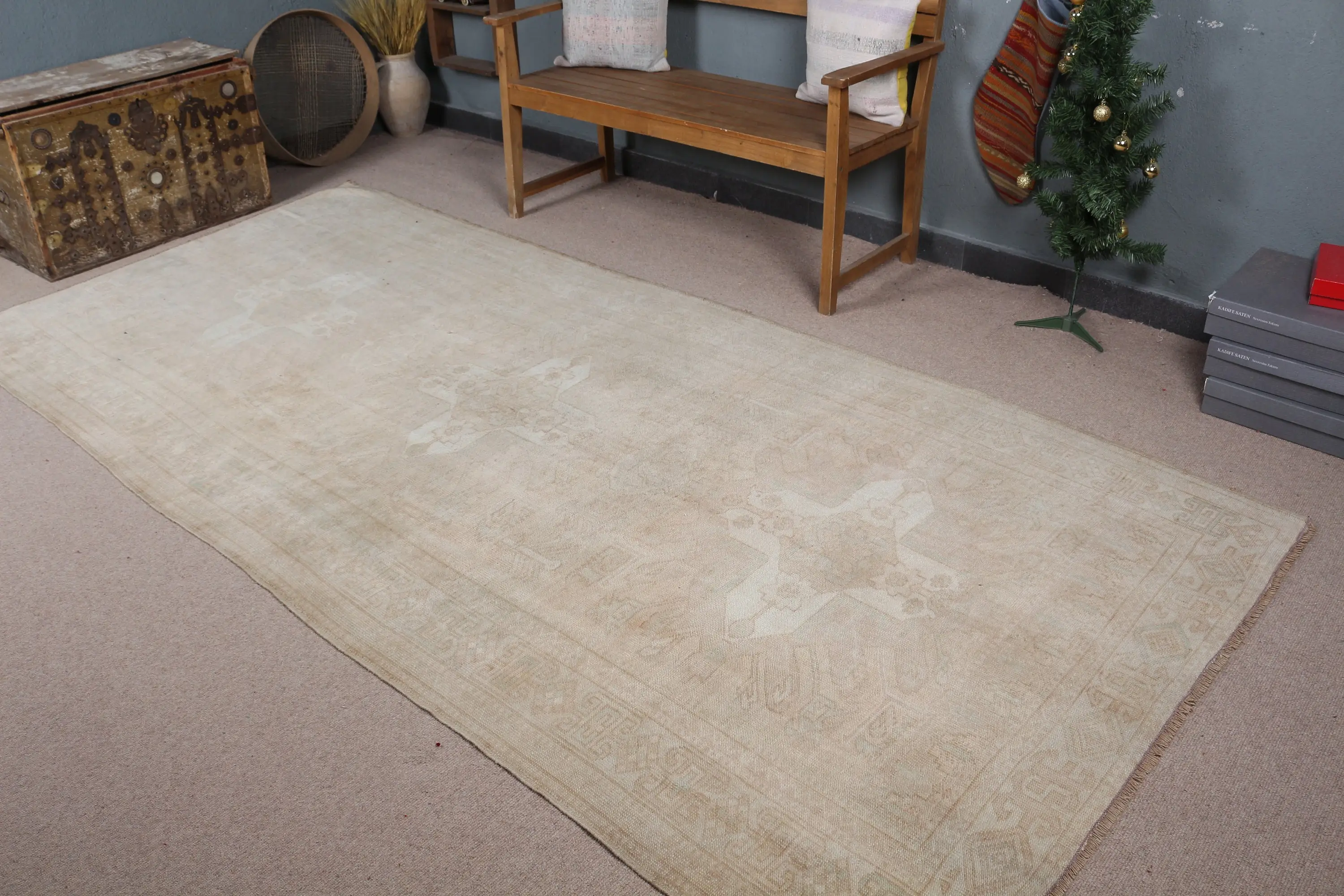 4.9x10.4 ft Türk Halısı, Kilim, Bej Soyut Halı Yün - 1