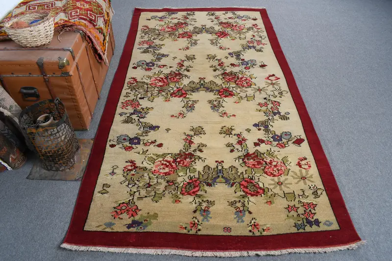 Elegant Green & Red Rug, 4,3x8,1 ft Floral & Paisley