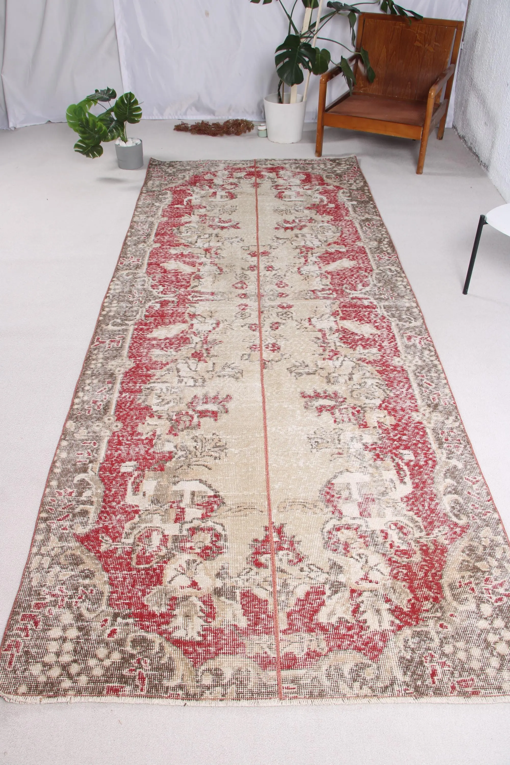 4.1x10.5 ft Vintage Rug, Turkish Runner Rug, Red Plants & trees Wool Rug - 1