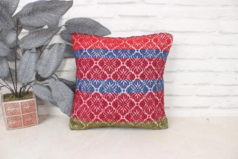 Hippie Throw Pillow Case, 14x14 Red Cushion Cover, Pillow for Couch, Kilim Pillow, Handmade Kilim Cushion, Pillow Sham, Meditation Pillow Case - 1