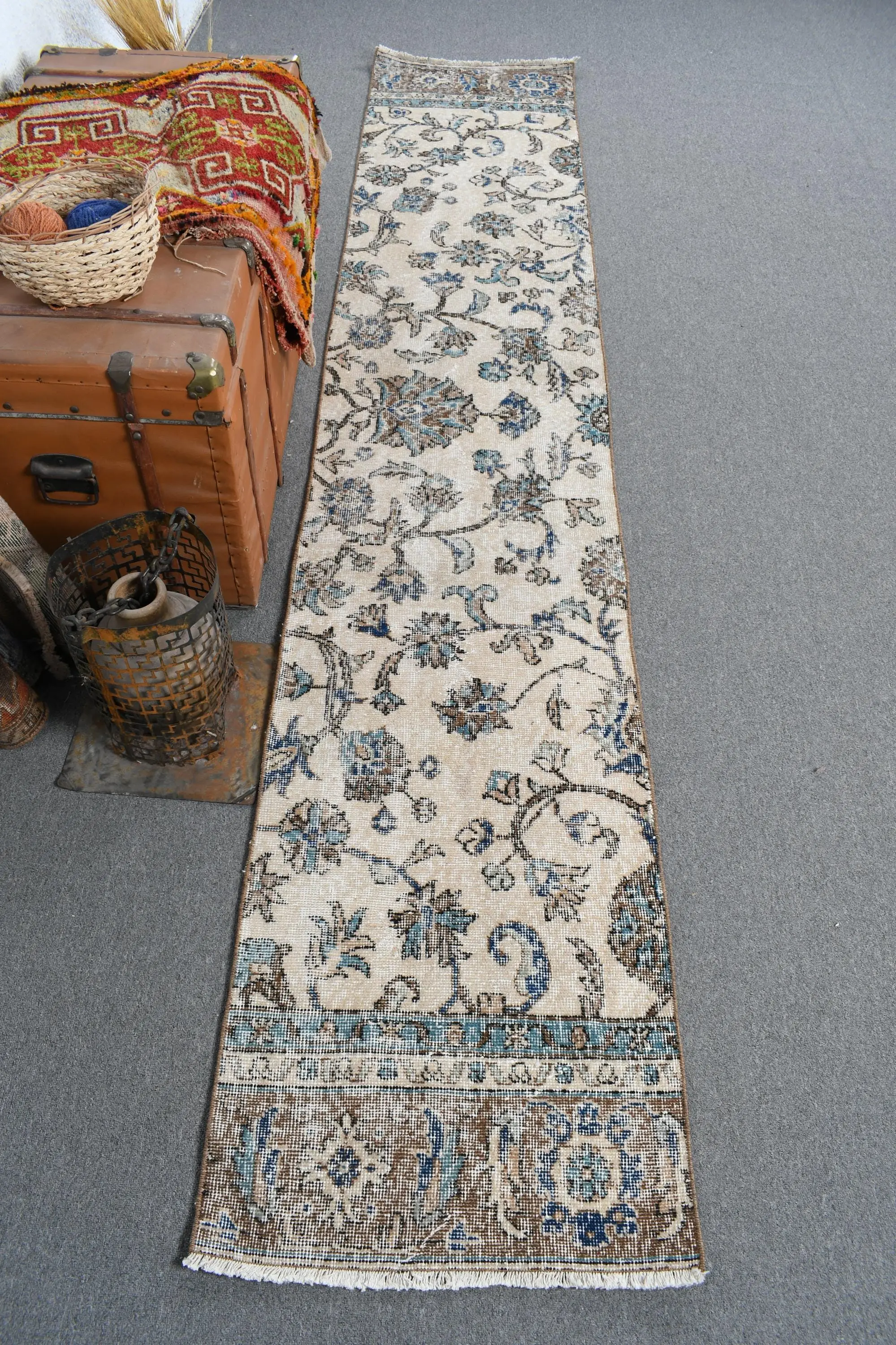 Turkish Rug, 1.9x10.1 ft Runner Rug, Blue Brown Wool Rug - 1
