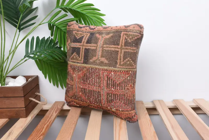 Boho Pillow Sham Cover, Turkish Pillow, Outdoor Patio Cushion Cover, Pillow Cover, Vintage Kilim Pillow, Authentic Pillow Cover, 14x14 Orange Pillow - 5