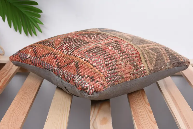 Boho Pillow Sham Cover, Turkish Pillow, Outdoor Patio Cushion Cover, Pillow Cover, Vintage Kilim Pillow, Authentic Pillow Cover, 14x14 Orange Pillow - 6