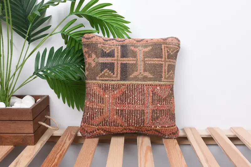Boho Pillow Sham Cover, Turkish Pillow, Outdoor Patio Cushion Cover, Pillow Cover, Vintage Kilim Pillow, Authentic Pillow Cover, 14x14 Orange Pillow - 1