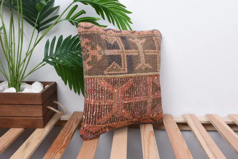 Boho Pillow Sham Cover, Turkish Pillow, Outdoor Patio Cushion Cover, Pillow Cover, Vintage Kilim Pillow, Authentic Pillow Cover, 14x14 Orange Pillow - 4