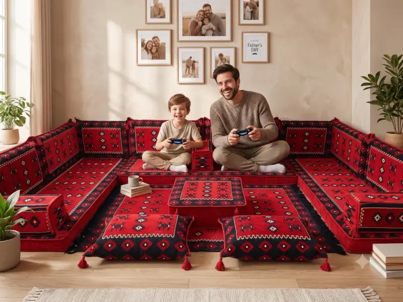 Victorian Red & Black Ottoman, Wool Blend Kilim-Inspired Ottoman - 1