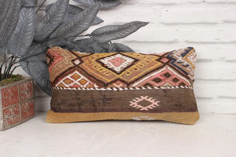 Interior Designer Pillow, Throw Kilim Pillow, Ethnic Throw Pillow Sham, Pillow Cover, 8x16 Brown Cushion, Home Decor Pillow - 1